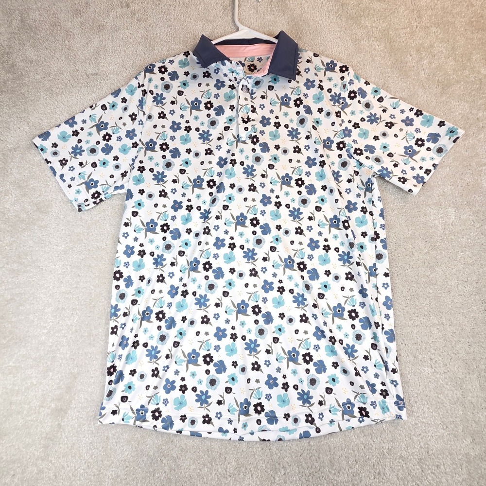 Swannies Golf Mens Medium Floral Print Performance Polo Shirt Blue White Navy